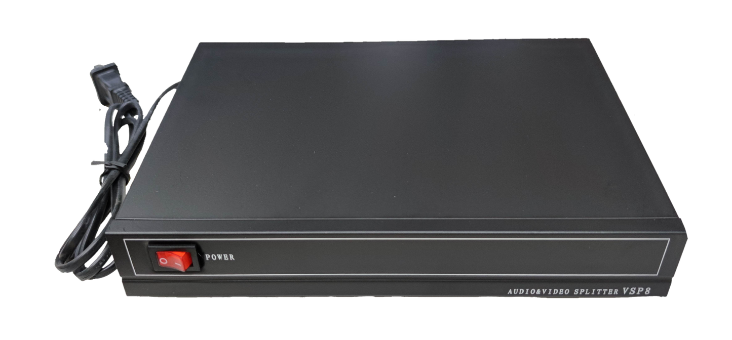 Grippes black audio video splitter 1 in 8 out device with power switch and cable