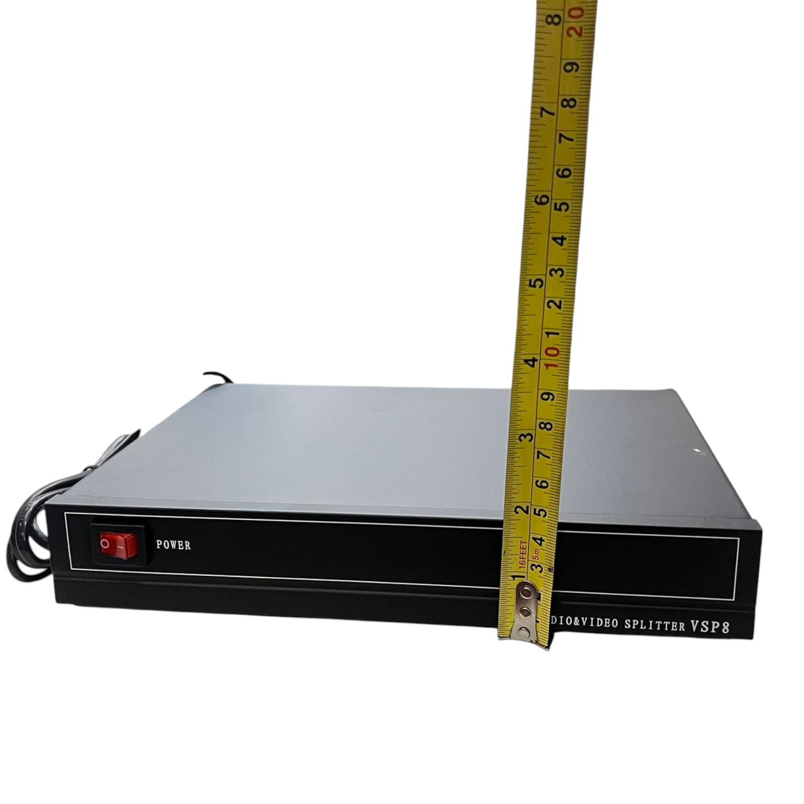 Grippes audio video splitter 1 in 8 out device with power switch and black metal casing