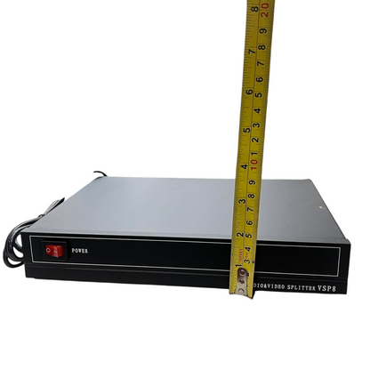 Grippes audio video splitter 1 in 8 out device with power switch and black metal casing