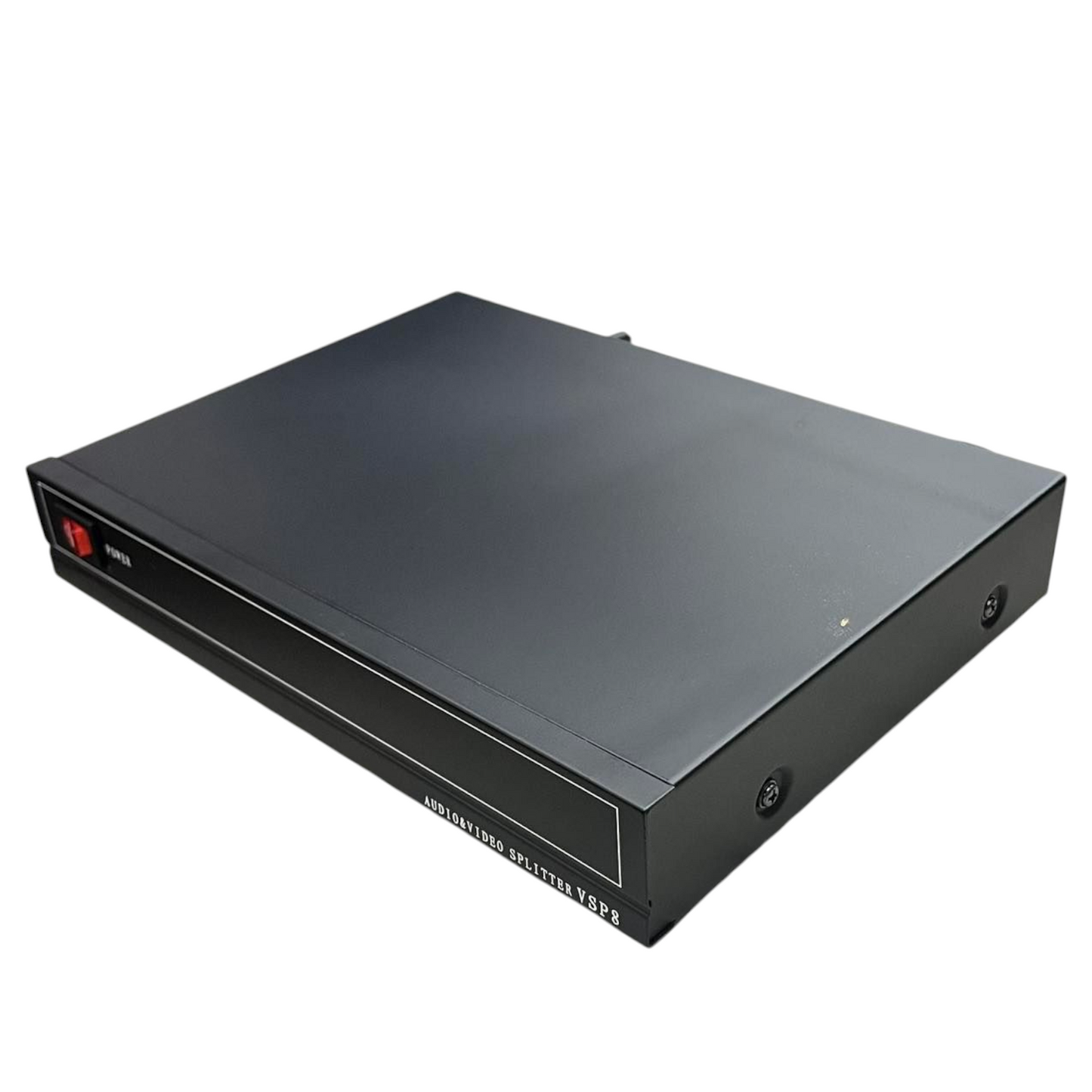 Grippes audio video splitter 1 in 8 out with black metal casing and power switch