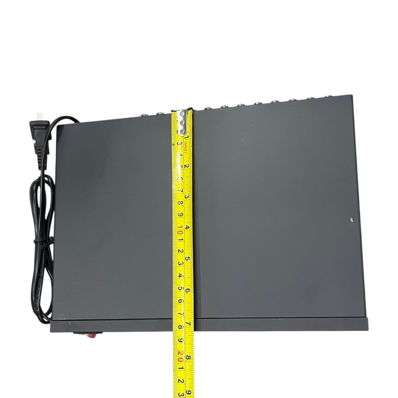 Grippes audio video splitter 1 in 8 out black device with power cord and measuring tape