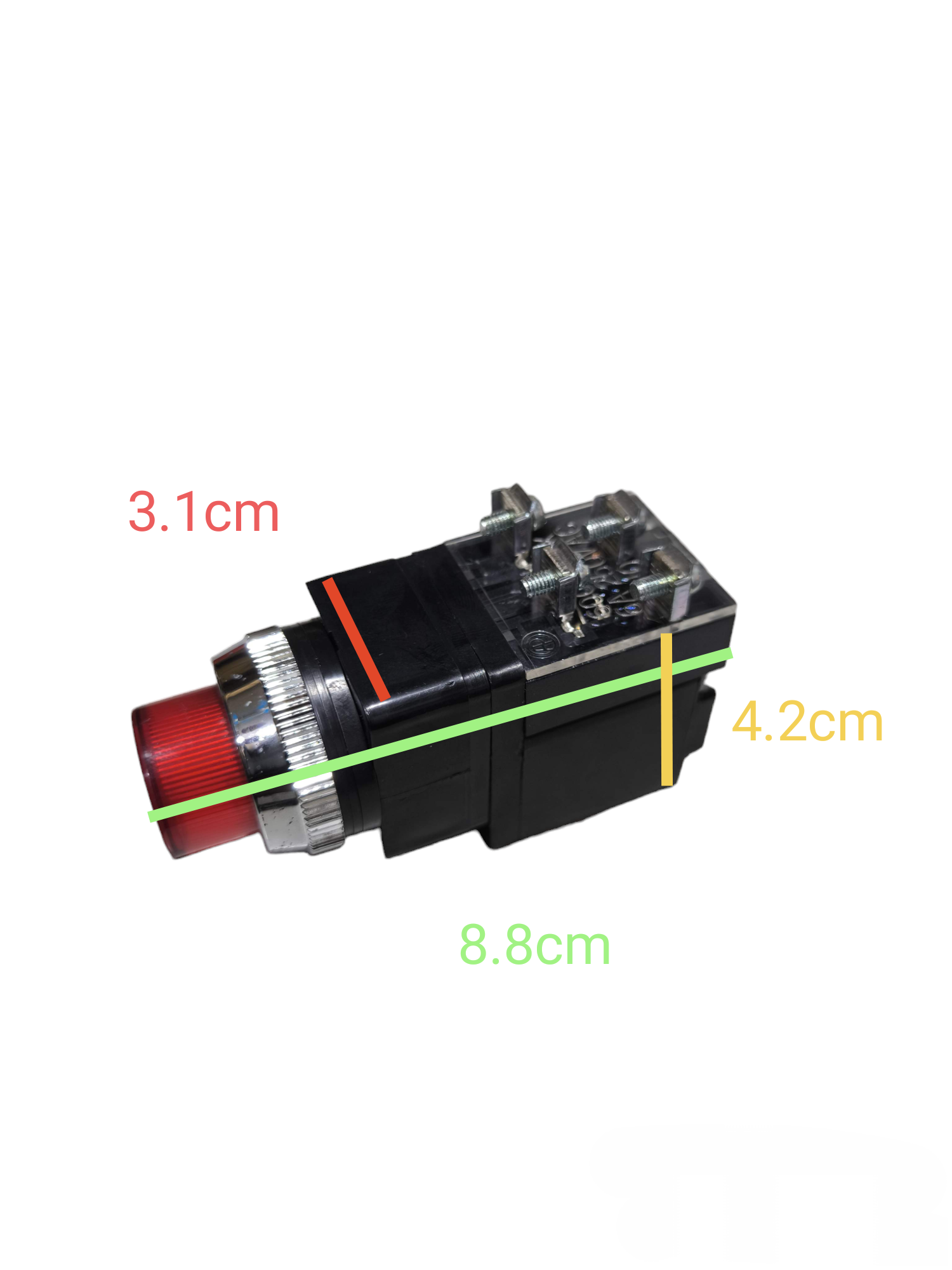 Auspicious 220V red illuminated push button switch with black body and silver ring, showing dimensions