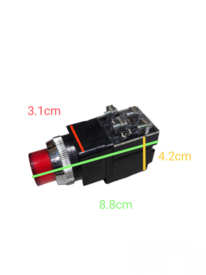 Auspicious 220V red illuminated push button switch with black body and silver ring, showing dimensions