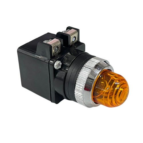 Auspicious 25mm yellow pilot lamp transformer type indicator with chrome bezel and black transformer housing