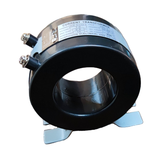 Auspicious 690V AC donut type current transformer with black circular body and electrical connectors