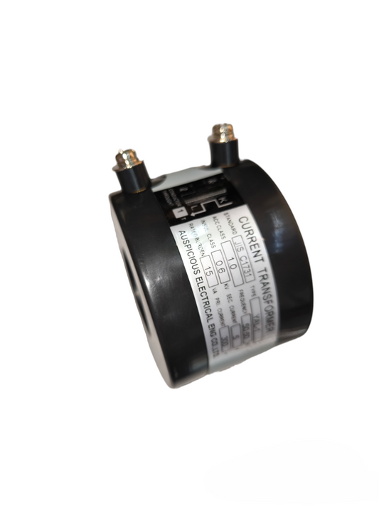 Auspicious black cylindrical electrical current transformer with dual stud terminals and product label