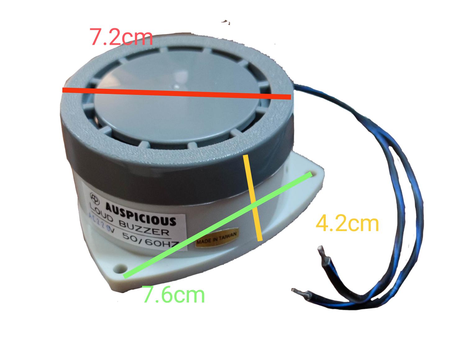 Auspicious electrical warning buzzer 110V with a modern design, measuring 7.2cm diameter and 4.2cm height