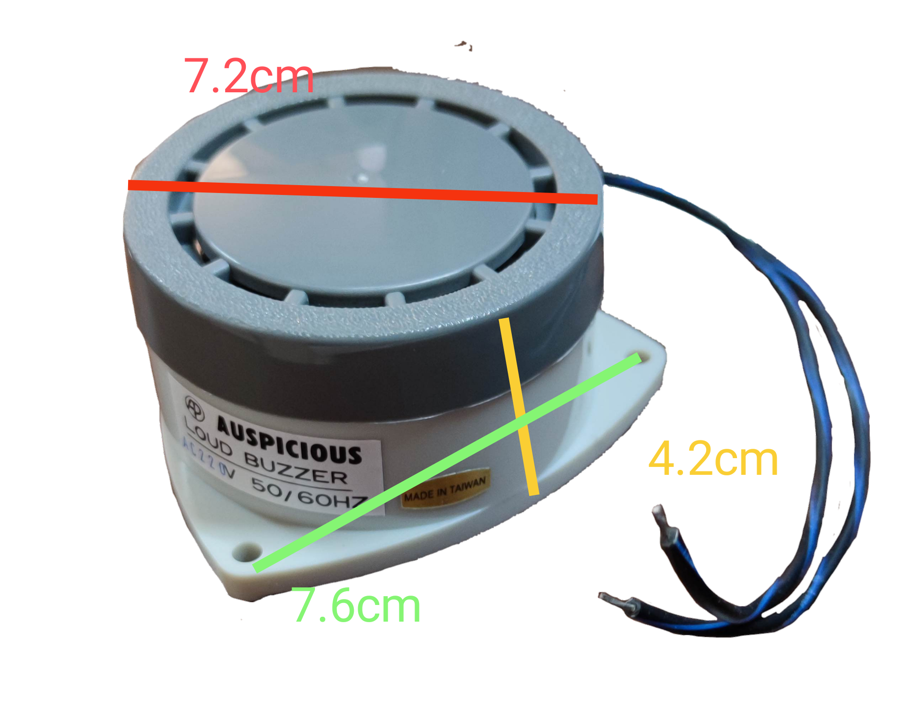 Auspicious electrical warning buzzer 110V with a modern design, measuring 7.2cm diameter and 4.2cm height