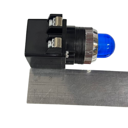 Auspicious Pilot Light 110V BLUE 25mm indicator lamp with blue lens chrome bezel and black connector shown next to ruler