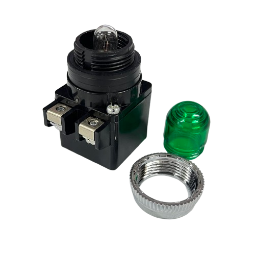 Auspicious Pilot Light 110V GREEN 25mm indicator assembly with glass bulb green lens and chrome bezel for control panels