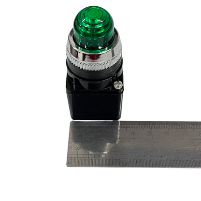 Auspicious green indicator Pilot Light 110V GREEN 25mm with chrome bezel and black housing shown with ruler