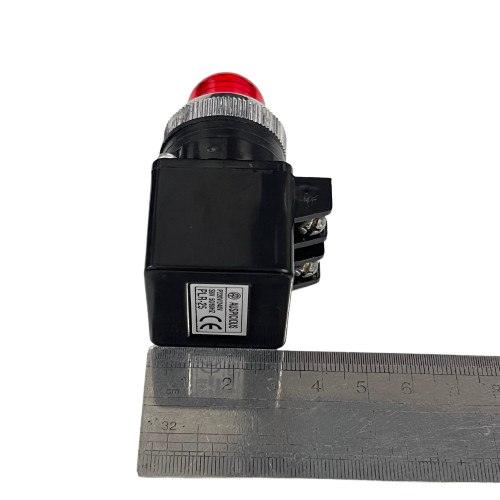 Auspicious Pilot Light 110V RED 25mm indicator with black block housing and screw terminals beside ruler