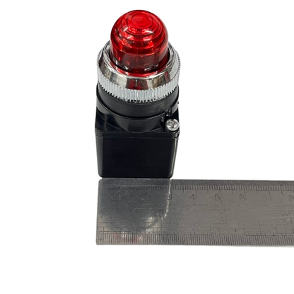 Auspicious Pilot Light 110V RED 25mm indicator with chrome bezel and black mounting base beside ruler