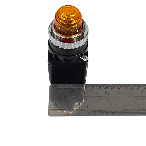 Auspicious Pilot Light 220V Yellow 25mm indicator with chrome bezel and black housing shown next to ruler