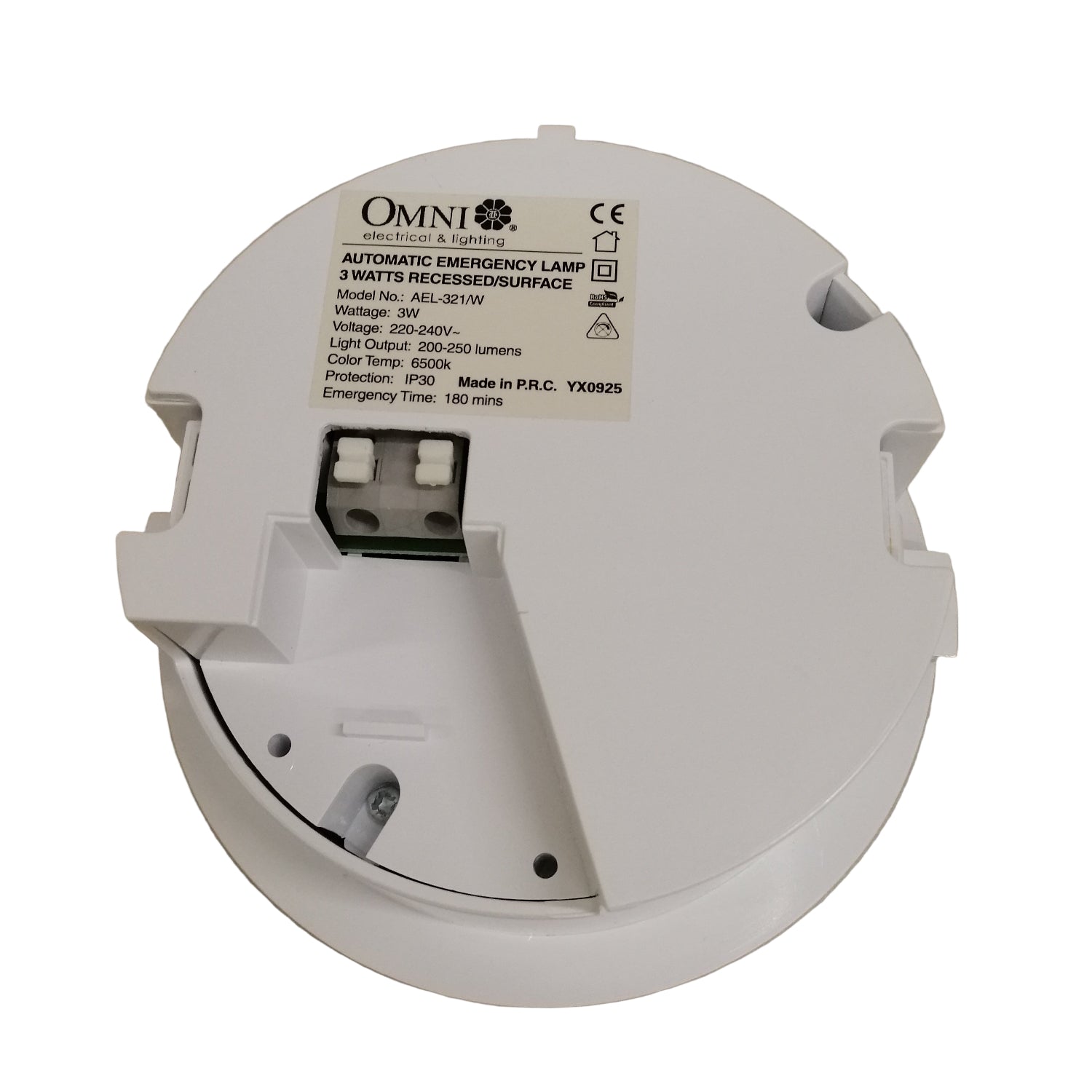 Omni Automatic Emergency Light 3 Watts 240V with a white surface mount design for reliable emergency lighting