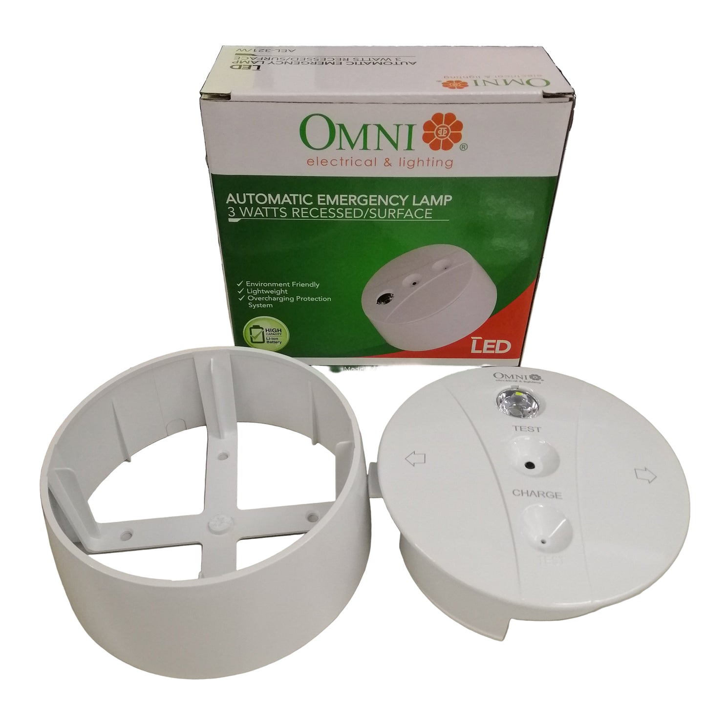 Omni automatic emergency light 3 watts 240V with testing and charging buttons for easy installation