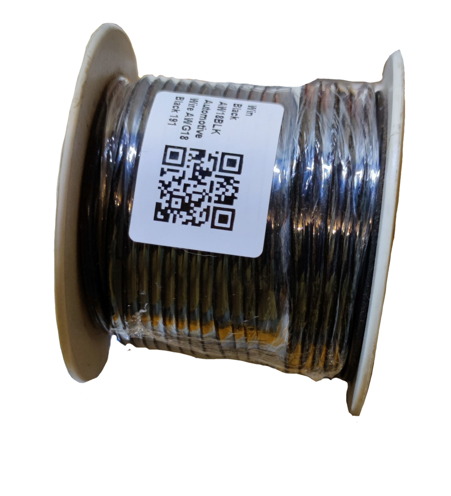Win clear insulated automotive wire roll on white plastic spool with QR code label and clear insulation