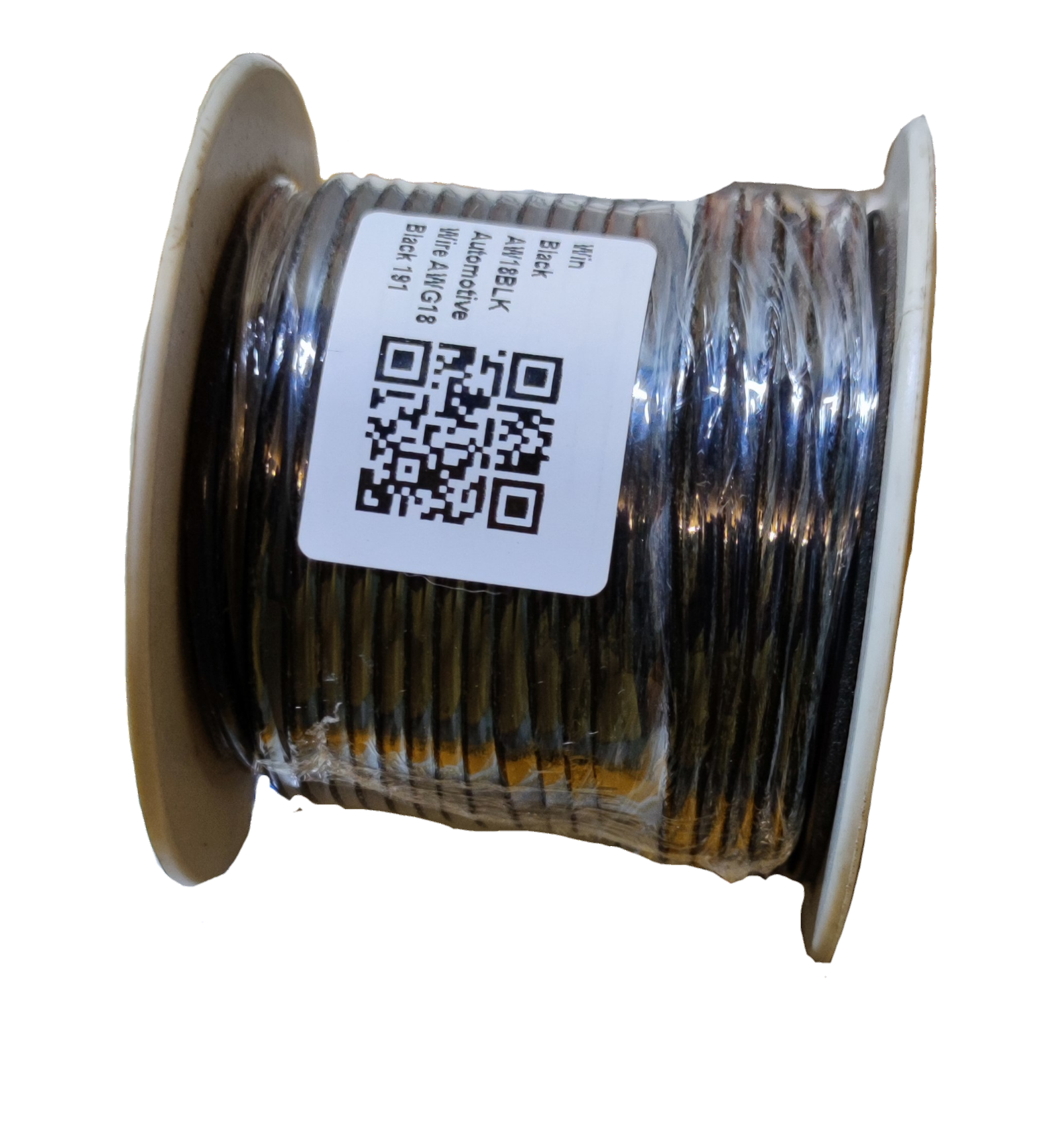 Win clear insulated automotive wire roll on white plastic spool with QR code label and clear insulation