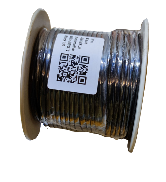 Win clear insulated automotive wire roll on white plastic spool with QR code label and clear insulation