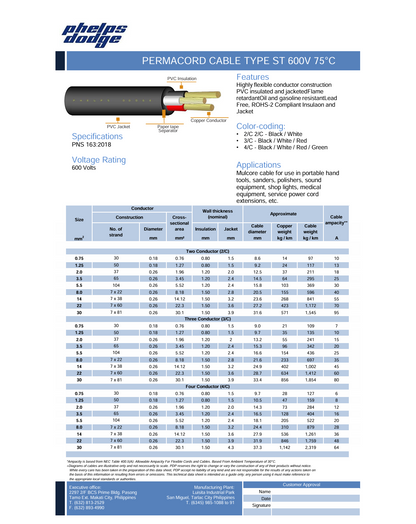 Phelps Dodge AWG 18 Royal Cord Power Cable 4C Specifications with Color Coding and Voltage Rating Overview