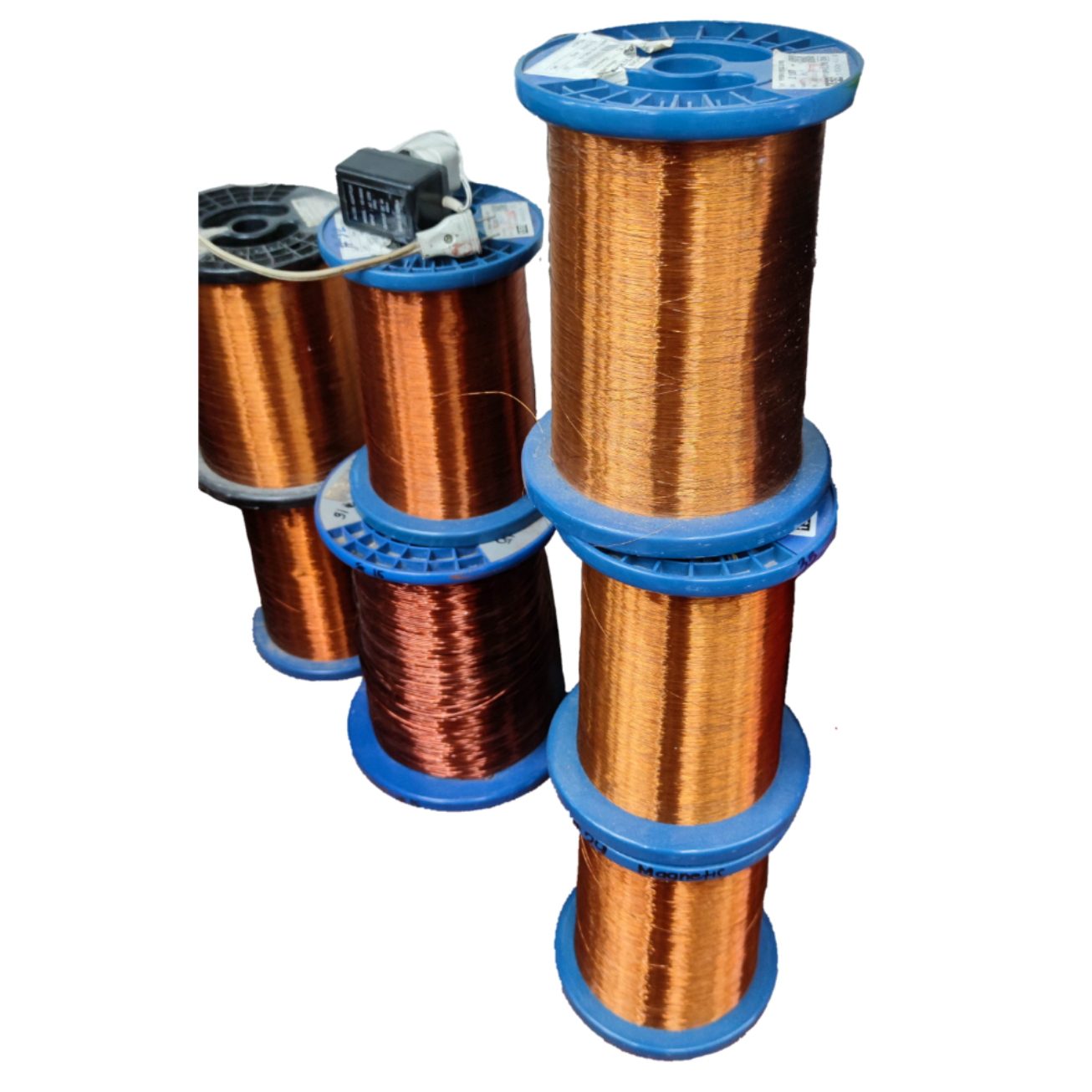 Assorted Philflex spools of AWG 9 to AWG 32 magnet wire in various colors for electrical applications