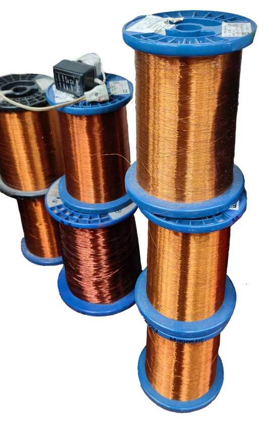 Assorted Philflex spools of AWG 9 to AWG 32 magnet wire in various colors for electrical applications