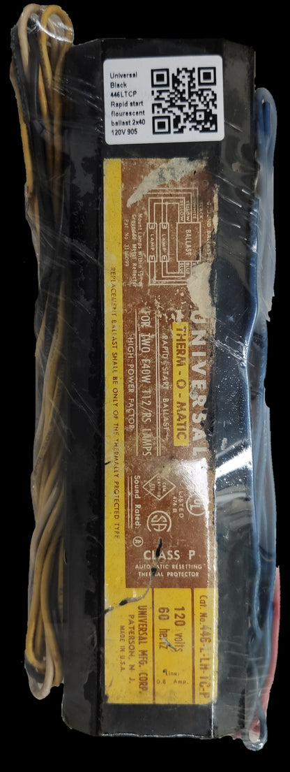 Universal 2x40W 110V AC ballast for fluorescent tubes with wiring connections and label details