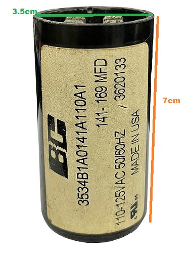 BC Motor Starting Capacitor 141-169UF cylindrical electrical component with metal terminals