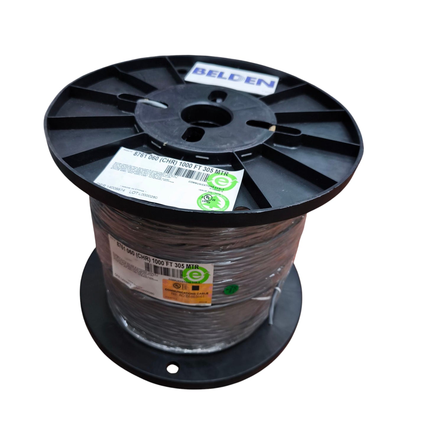 Belden 22AWG shielded cable spool with black plastic reel for electrical wiring applications