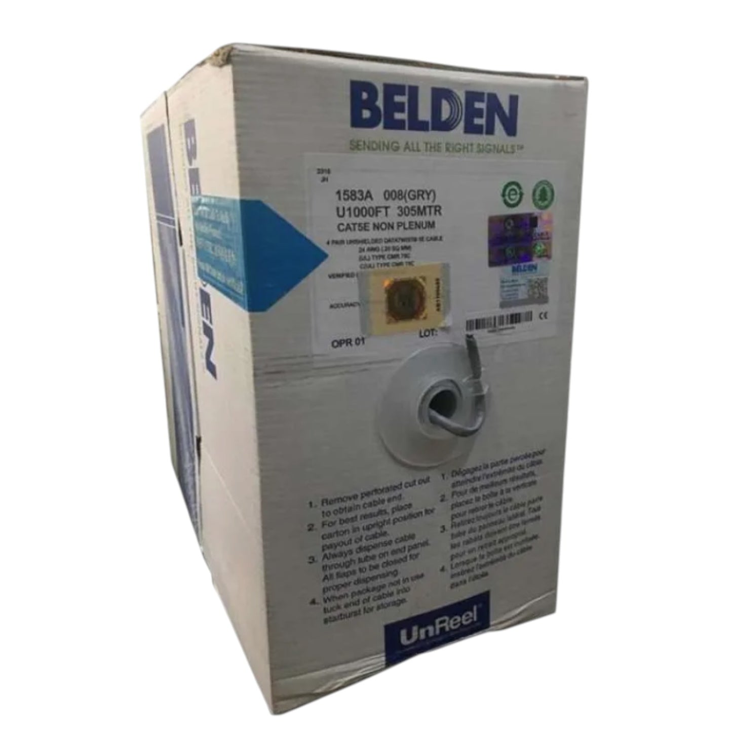 Belden Cat5 gray ethernet cable 24 AWG solid packaging with detailed specifications and contents