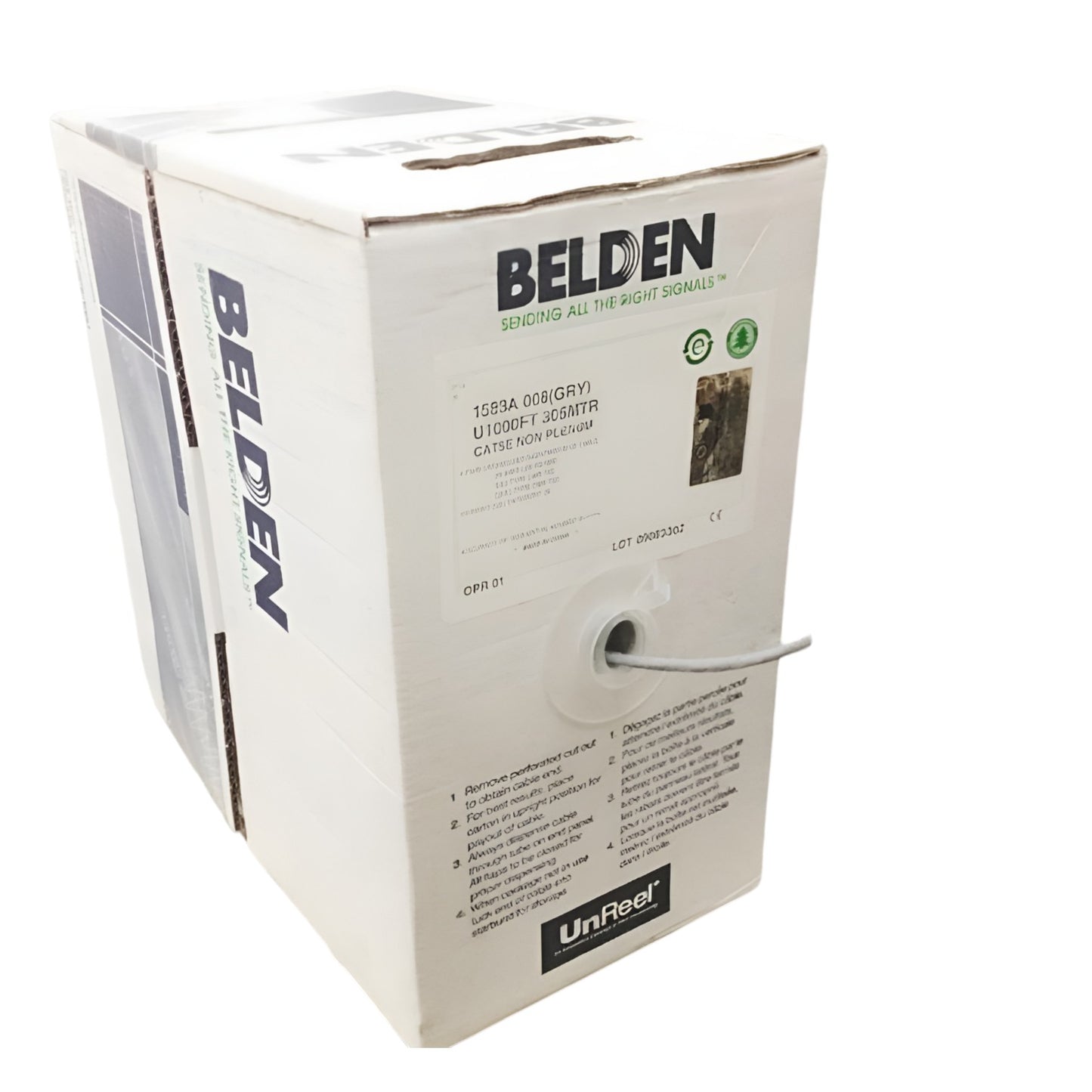 Belden Cat5 gray ethernet cable 24 AWG solid packaged in a spool box for easy storage and access