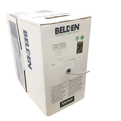 Belden Cat5 gray ethernet cable 24 AWG solid packaged in a spool box for easy storage and access