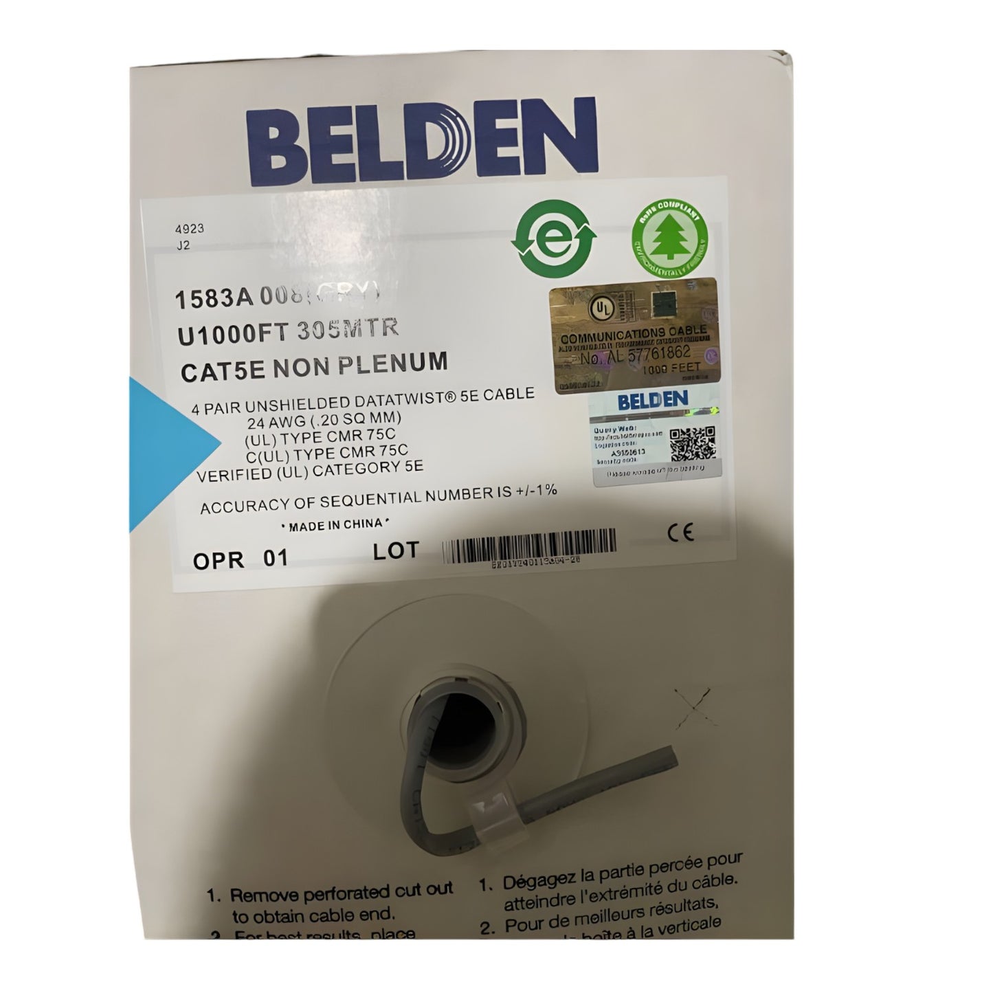 Belden Cat5 gray ethernet cable 24 AWG solid in a 1000ft box for reliable data transmission