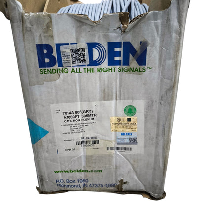 Box of Belden Cat6 cable 300 meters gray plenum rated for network wiring