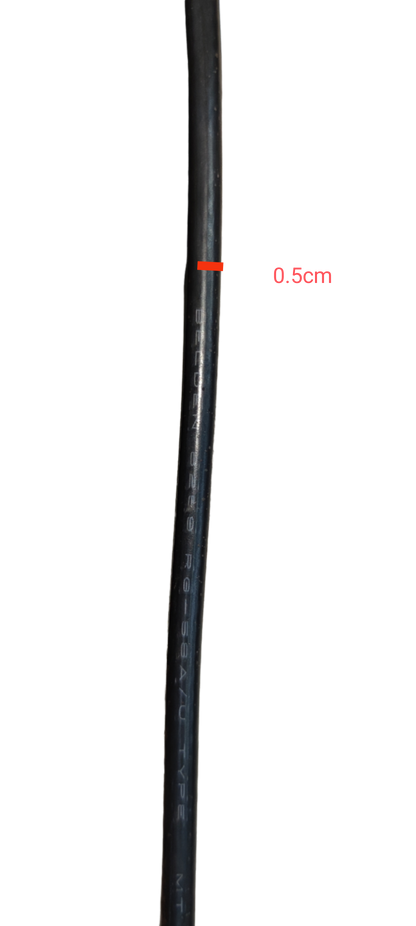Belden RG58 coaxial cable close-up showing black insulated wire with measurement marking