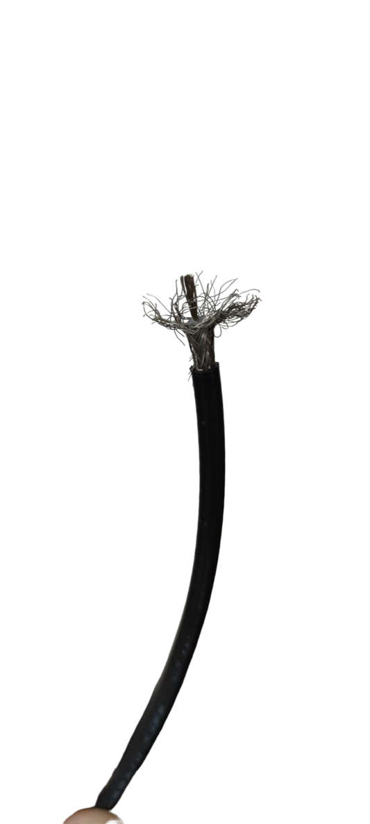 Belden RG58 coaxial cable with exposed copper wire and black outer insulation for reliable signal transmission