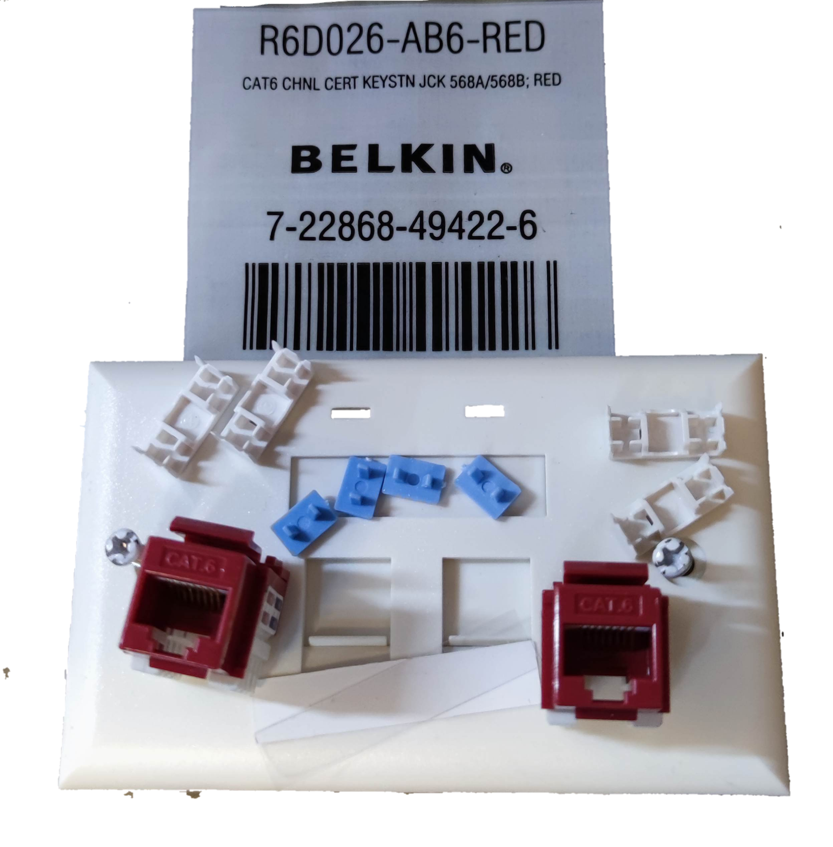 Belkin 2 gang Cat 6 LAN outlet with red keystone jacks and white mounting plate for network connections