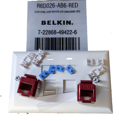 Belkin 2 gang Cat 6 LAN outlet with red keystone jacks and white mounting plate for network connections