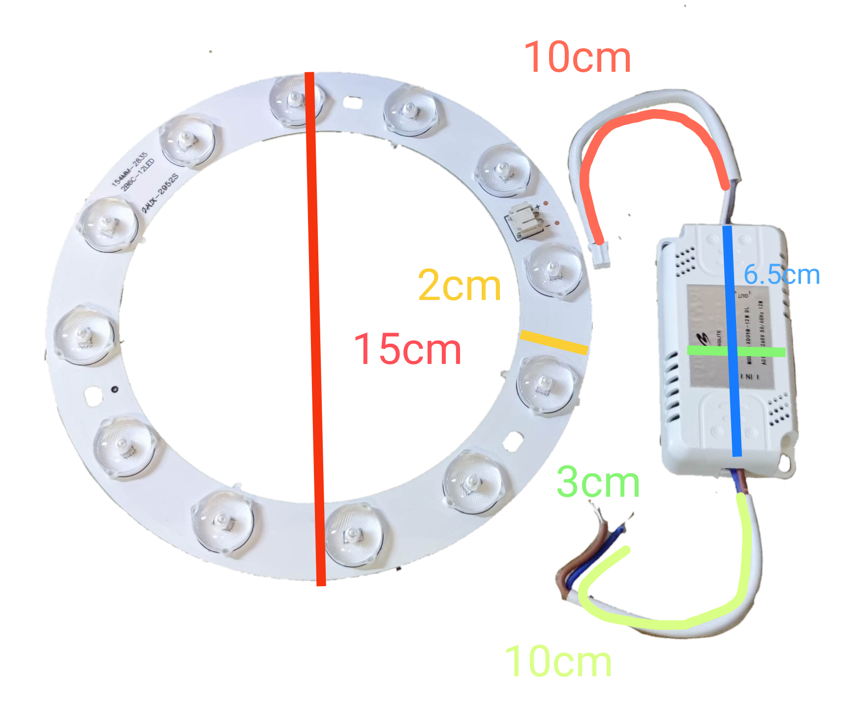 Biglite 12W LED ceiling lamp replacement circular LED board with driver and wiring on black background