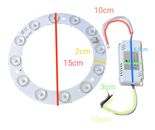 Biglite 12W LED ceiling lamp replacement circular LED board with driver and wiring on black background