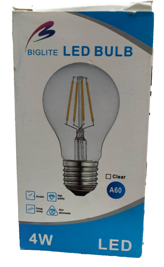 Biglite 4W LED filament bulb A60 clear glass energy-saving light bulb packaging