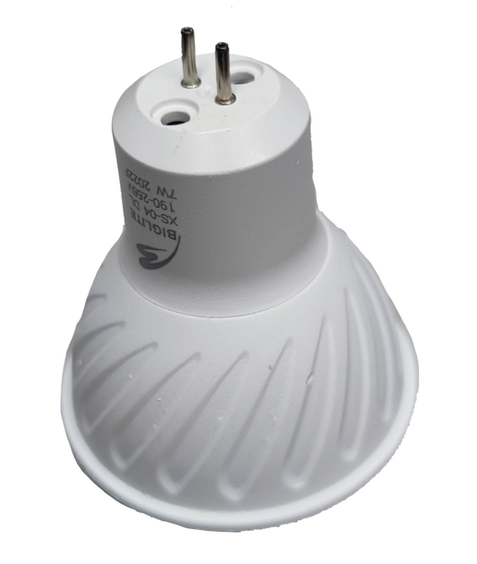 Biglite 7W MR-16 LED Bulb Warm White 3000K white bi-pin spotlight with heat sink grooves