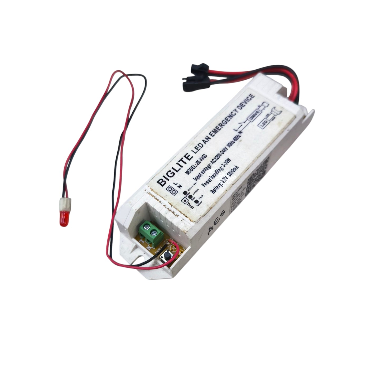 Biglite LED downlight emergency driver with wiring and compact white casing for lighting backup