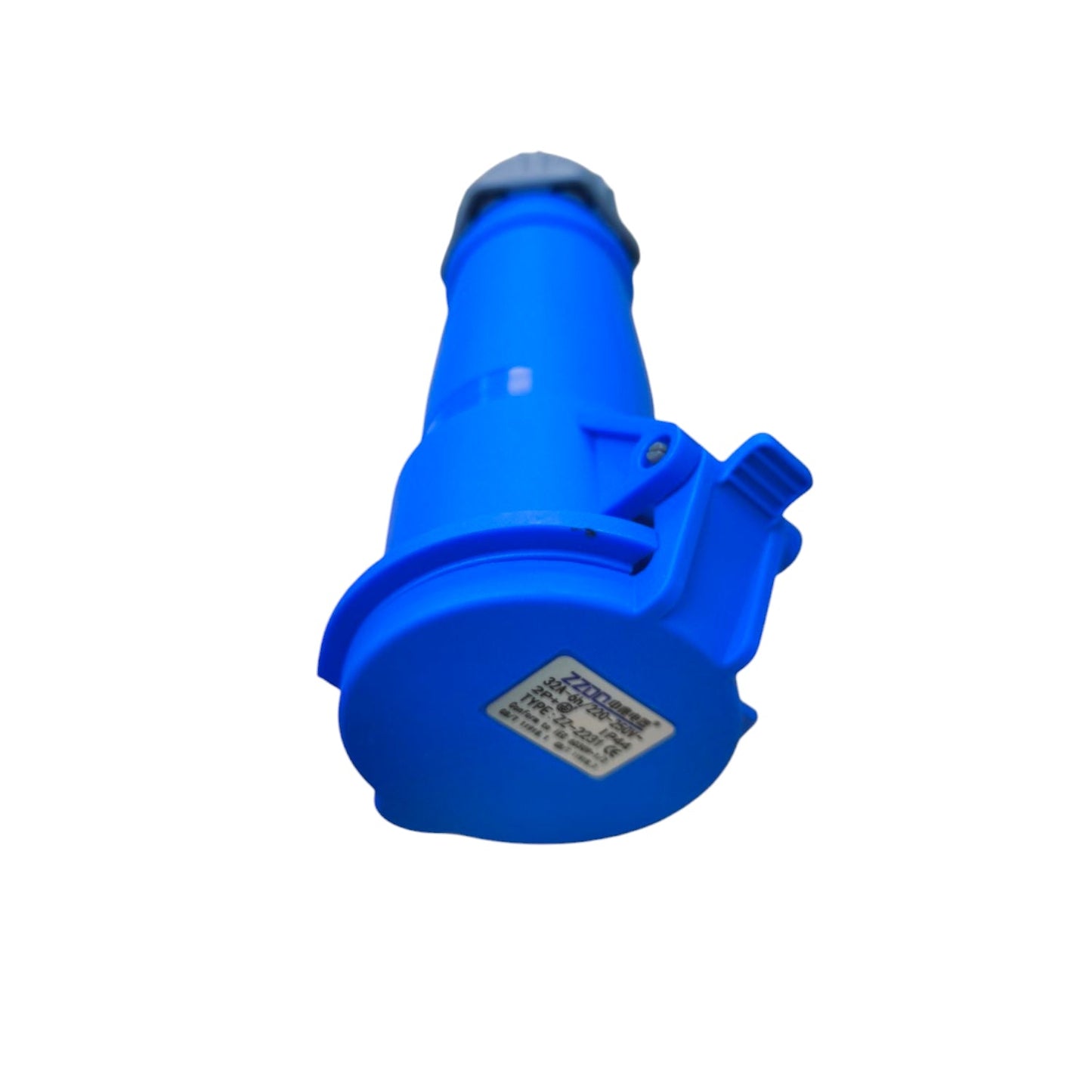 Grippes 32A industrial outlet connector in blue with a secure locking mechanism for heavy-duty electrical applications
