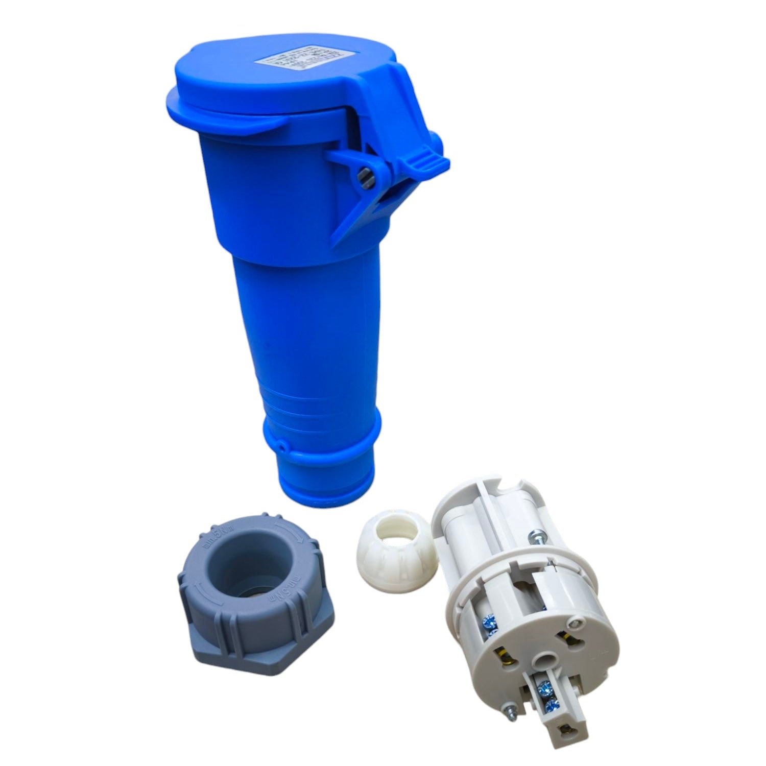 Grippes 32A industrial outlet connector blue casing with internal wiring components separated