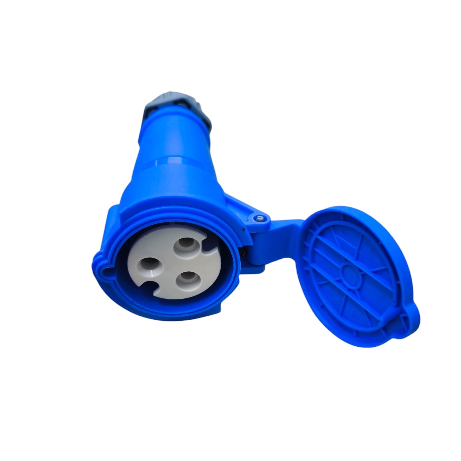 Grippes blue 32A industrial outlet connector with protective cap for electrical circuitry