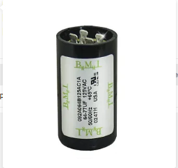 BMI 64-77MFD motor capacitor 125V in a cylindrical black casing with electrical terminals
