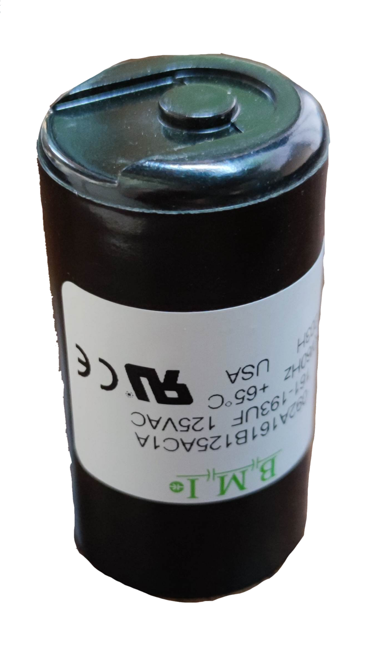 BMI motor starting capacitor 161-193 uf black cylindrical electrical component with white label