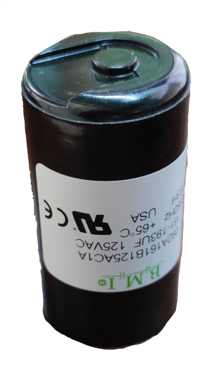 BMI motor starting capacitor 161-193 uf black cylindrical electrical component with white label