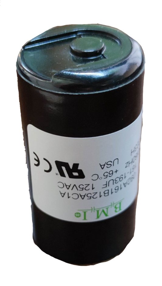 BMI motor starting capacitor 161-193 uf black cylindrical electrical component with white label